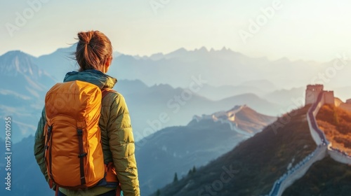 successful woman hiker with orange backpack enjoying breathtaking sunrise views on Great Wall of China surrounded by mountainous landscape