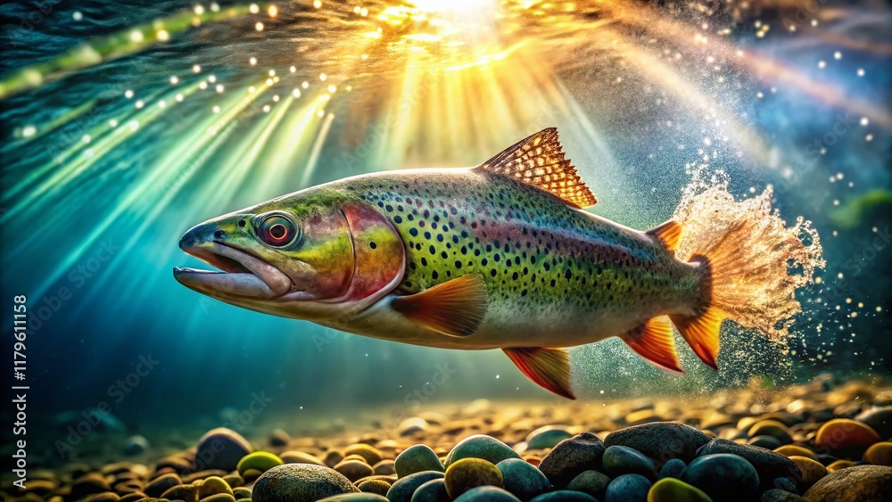 Naklejka premium Glorious Trout: Dramatic Sun Dappled Low Light Portrait