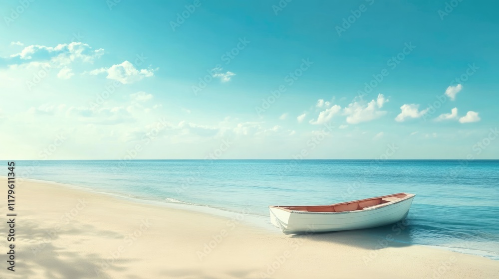 Serene Summer Beach Escape with Tranquil Blue Waters, White Sand, and a Vintage Boat Anchored Under Soft Cloudy Skies Serene Summer Beach Escape with Tranquil Blue Waters, White Sand, and a Vintage Boat Anchored Under Soft Cloudy Skies