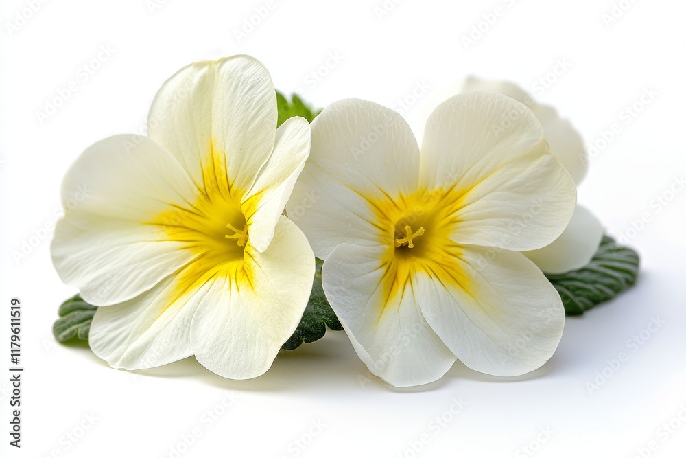 Obraz premium Single White Primrose Flower with Hint of Yellow Petals and Green Leaves