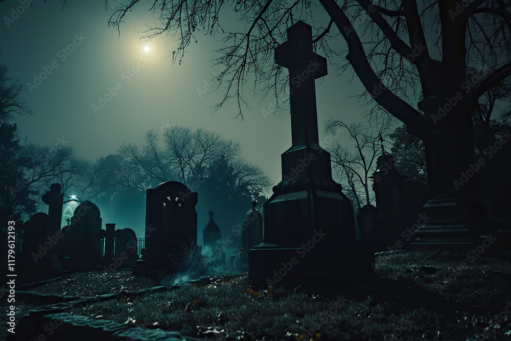 Fantastically mysterious cemetery with tombstones and terribly scary atmosphere, abstract vivid composition consists of fictional unreal fantastic vision on background Fantastically mysterious cemetery with tombstones and terribly scary atmosphere, abstract vivid composition consists of fictional unreal fantastic vision on background