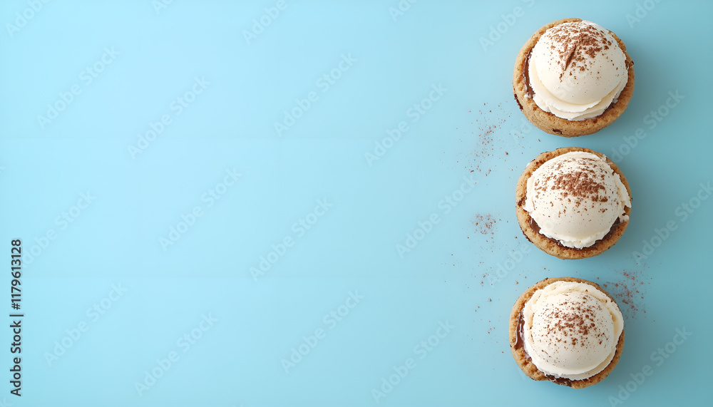 Ice cream with chocolate and cream sandwich cookies. Cookies and cream homemade ice cream dessert on blue background, copy space Ice cream with chocolate and cream sandwich cookies. Cookies and cream homemade ice cream dessert on blue background, copy space