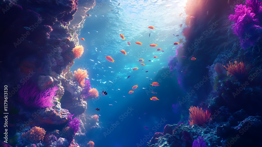 Fototapeta premium Colorful underwater scene with vibrant corals and various fish swimming.