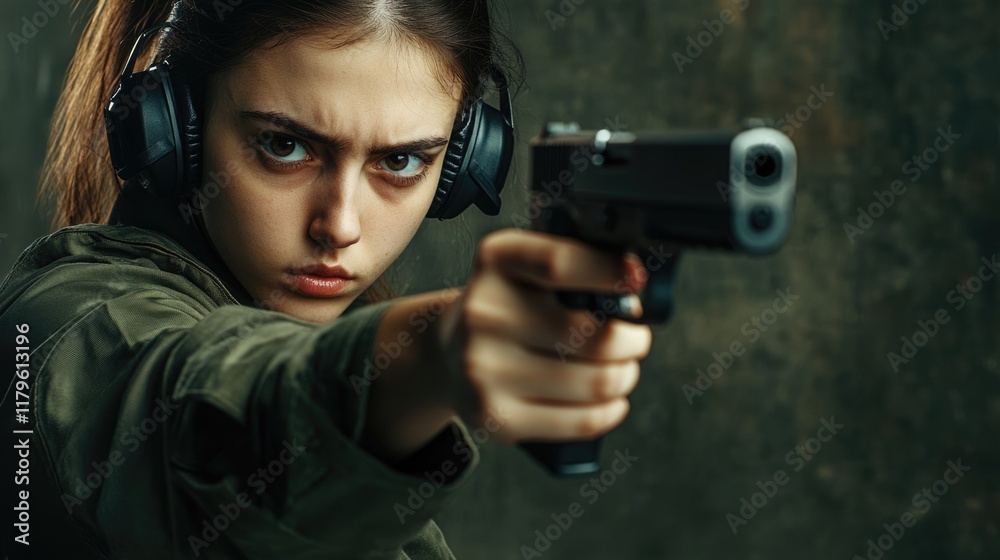 Confident young woman aiming pistol while wearing ear protection in dark indoor shooting range with ample empty copyspace for text Confident young woman aiming pistol while wearing ear protection in dark indoor shooting range with ample empty copyspace for text