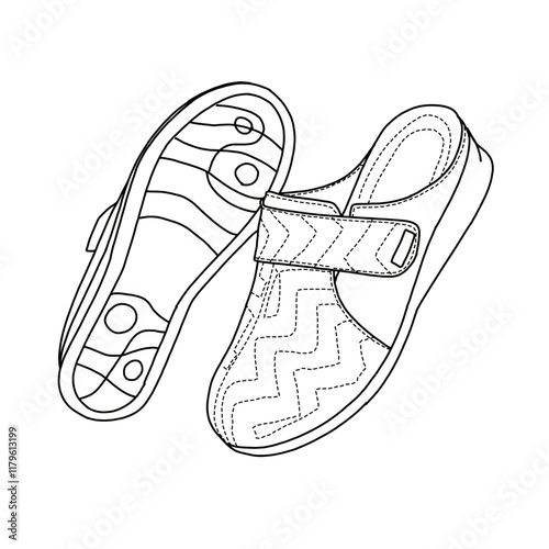 Women's Slip on Mules Comfortable Casual Shoes with Adjustable Instep line art, Technical sketch hand drawing outline vector doodle side and bottom view isolated on white background for coloring page