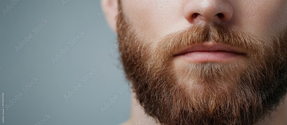 Obraz premium Young man grooming beard showcasing half-shaved bristles on masculine face against soft gray backdrop demonstrating male facial care and grooming techniques
