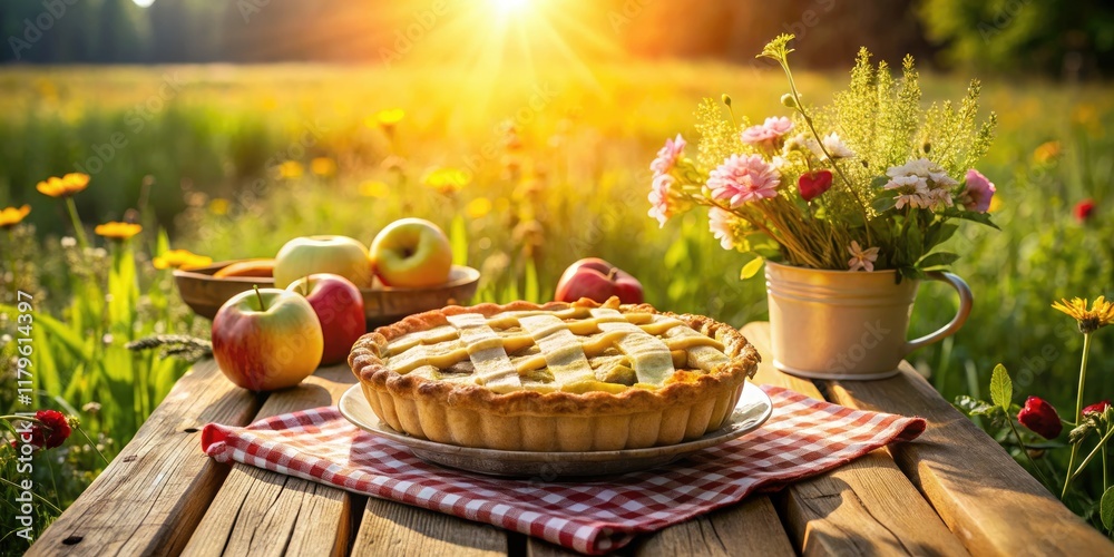 Rustic table laden with apple pie, a stunning high-definition meadow picnic scene.