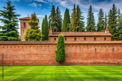 Rustic Piedmont abbey: cotto brick, Ghibelline merlons, silhouetted firs against Italian hills. photo