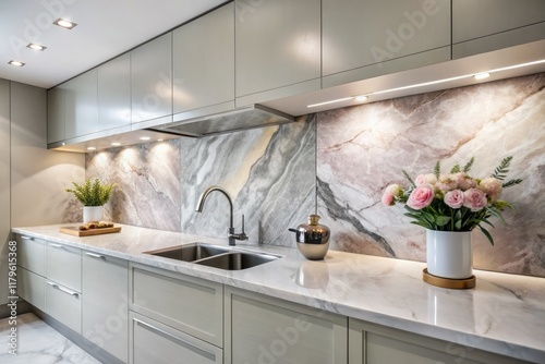 Sophisticated pink marble and granite kitchen backsplash: smooth ceramic tile.