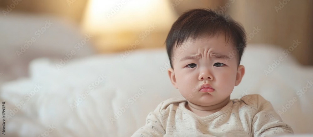 Serious Asian baby sitting on a soft white bed with a neutral expression and large empty space for text, featuring warm tones from background light. Serious Asian baby sitting on a soft white bed with a neutral expression and large empty space for text, featuring warm tones from background light.
