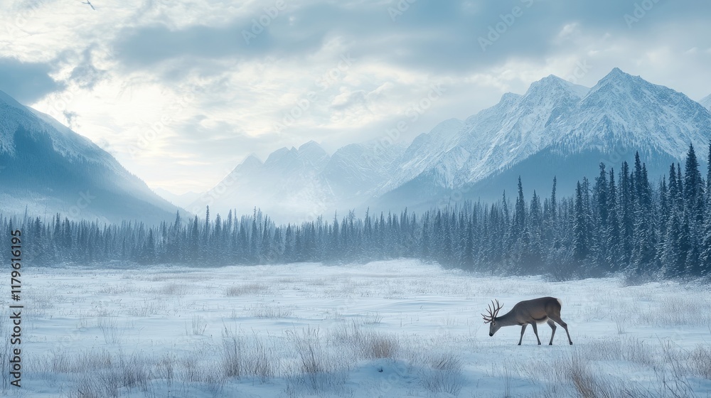 A peaceful snowy meadow with a single deer grazing, framed by a backdrop of snow-covered mountains. A peaceful snowy meadow with a single deer grazing, framed by a backdrop of snow-covered mountains.