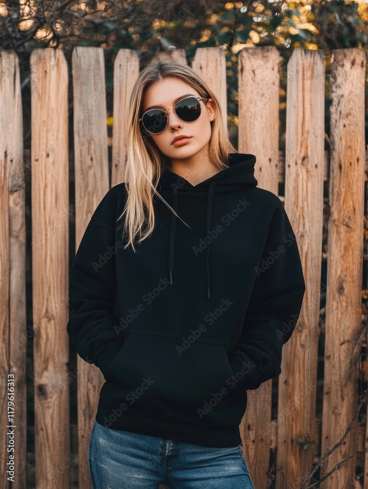 Fototapeta premium Stylish young woman in black hoodie and sunglasses standing confidently against a rustic wooden fence surrounded by greenery, ideal for branding mockup.