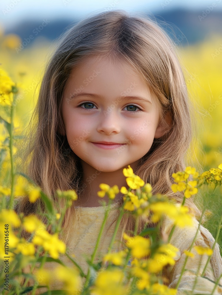 Charming young girl with long hair smiling amidst a vibrant field of bright yellow flowers under a blue sky, ample space for text and design. Charming young girl with long hair smiling amidst a vibrant field of bright yellow flowers under a blue sky, ample space for text and design.