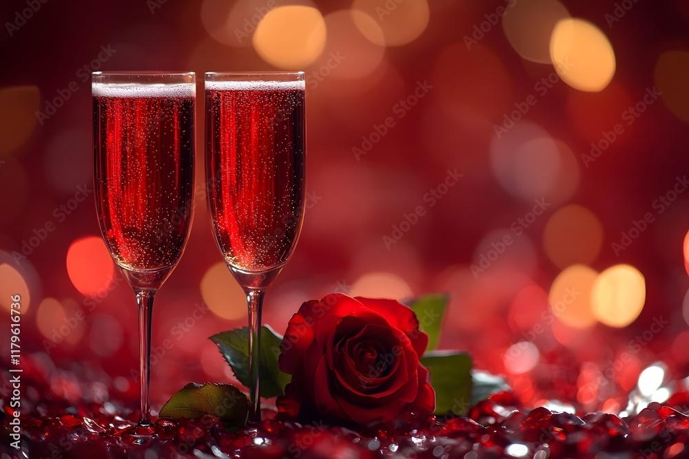 Romantic Evening with Champagne Flutes and Rose on Elegant Red Background Romantic Evening with Champagne Flutes and Rose on Elegant Red Background