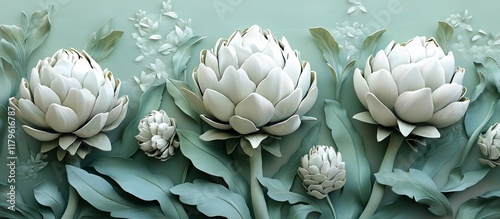 Elegant 3D Floral Artwork:  A Serene Mint Green and White Artichoke Bloom Masterpiece