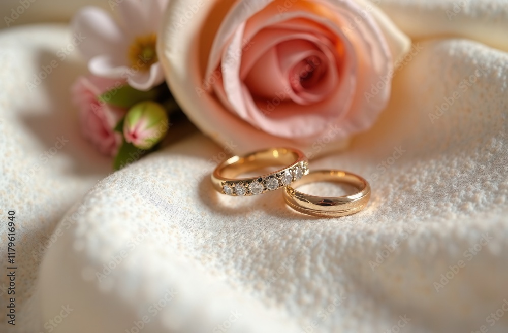 wedding rings on elegant fabric, contrasted against a soft background, macro shot for detail emphasis, soft natural lighting creating highlights on the rings, additional floral elements nearby wedding rings on elegant fabric, contrasted against a soft background, macro shot for detail emphasis, soft natural lighting creating highlights on the rings, additional floral elements nearby