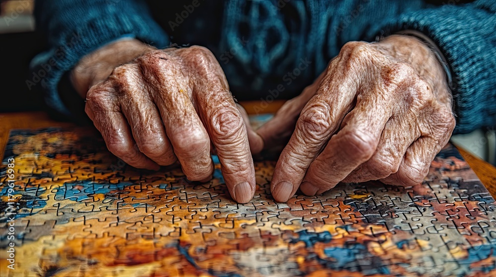 Hands of an elderly person working on a jigsaw puzzle at a wooden table during daytime in a cozy indoor setting Hands of an elderly person working on a jigsaw puzzle at a wooden table during daytime in a cozy indoor setting