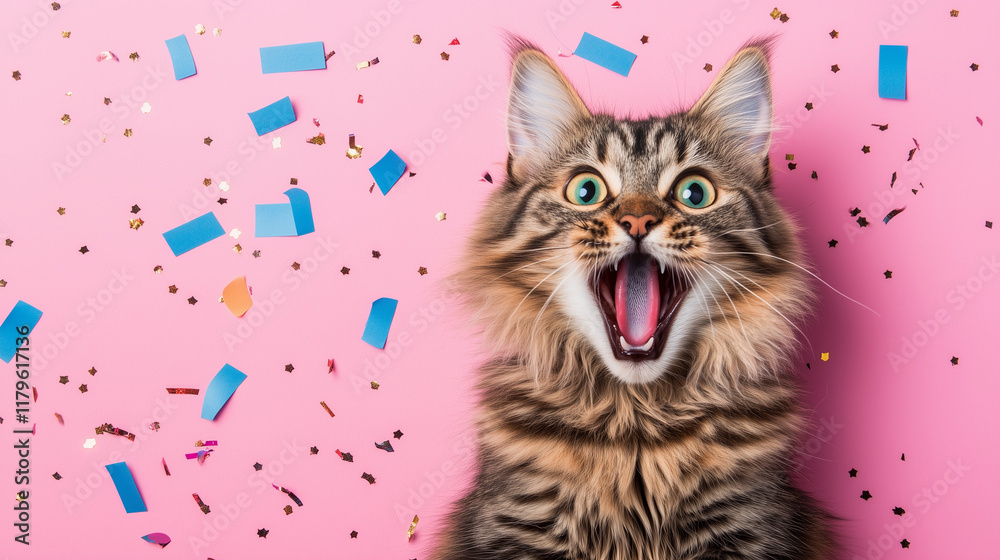 Very surprised excitement cat with open mouth and confetti , greeting card party Very surprised excitement cat with open mouth and confetti , greeting card party