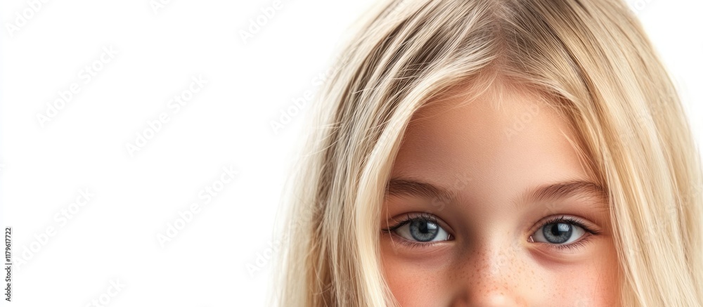 Portrait of young blonde girl with long hair and blue eyes against a clean white background featuring spacious area for text placement and creative design. Portrait of young blonde girl with long hair and blue eyes against a clean white background featuring spacious area for text placement and creative design.
