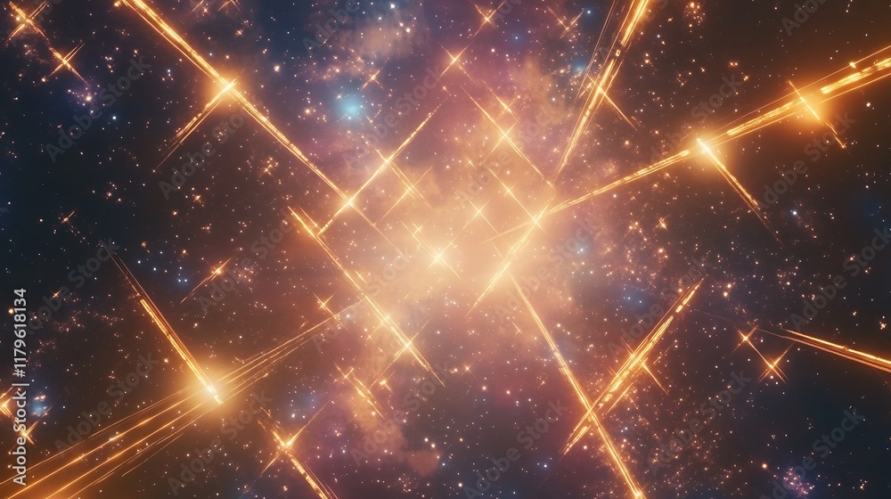 Obraz premium Celestial Crossroads Golden Light Streaks Across Starry Cosmos