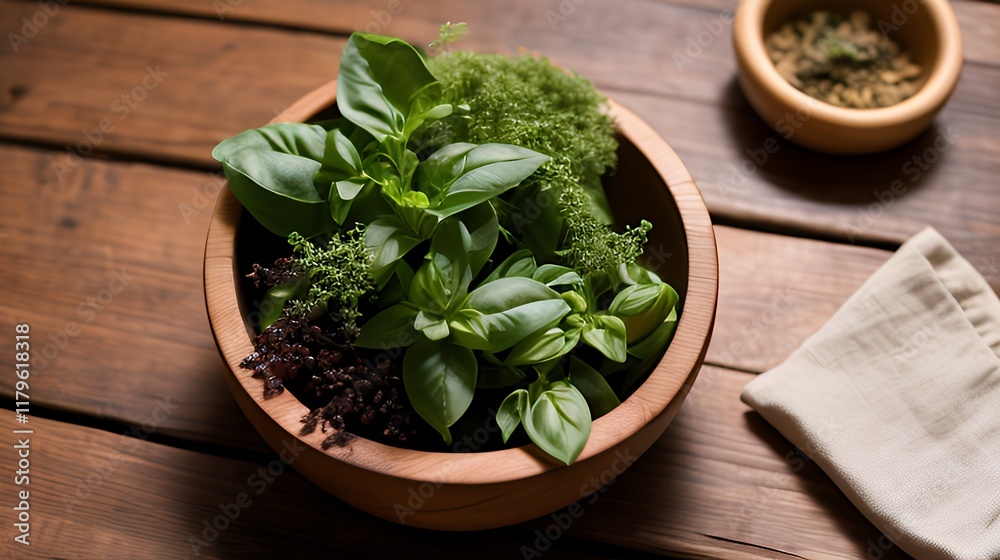 Fresh organic leaves in a wooden bowl placed on an over-dark rustic textured wooden table. Top view, detailed concept for a blog about the kitchen, healthy eating with warm atmosphere of home coziness Fresh organic leaves in a wooden bowl placed on an over-dark rustic textured wooden table. Top view, detailed concept for a blog about the kitchen, healthy eating with warm atmosphere of home coziness