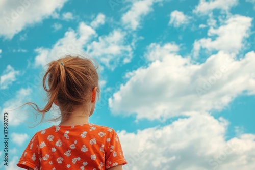 Child gazing upwards at a bright blue sky filled with fluffy white clouds, wearing an orange floral shirt, ideal for text placement. photo