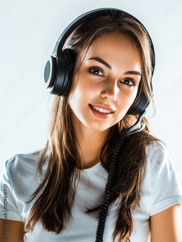 Smiling young woman in white t-shirt wearing black headphones with microphone against bright white background creating ample copyspace for text Smiling young woman in white t-shirt wearing black headphones with microphone against bright white background creating ample copyspace for text