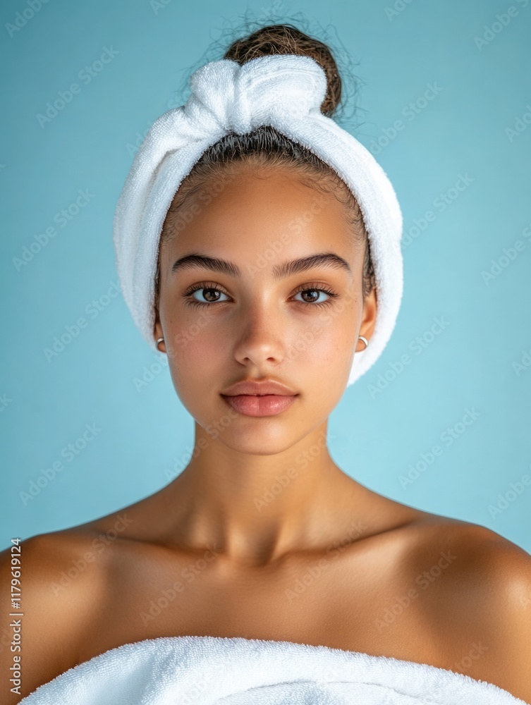 Sporty young woman with natural beauty in white towel and headband against tranquil blue backdrop, emphasizing self-care and wellness concept.