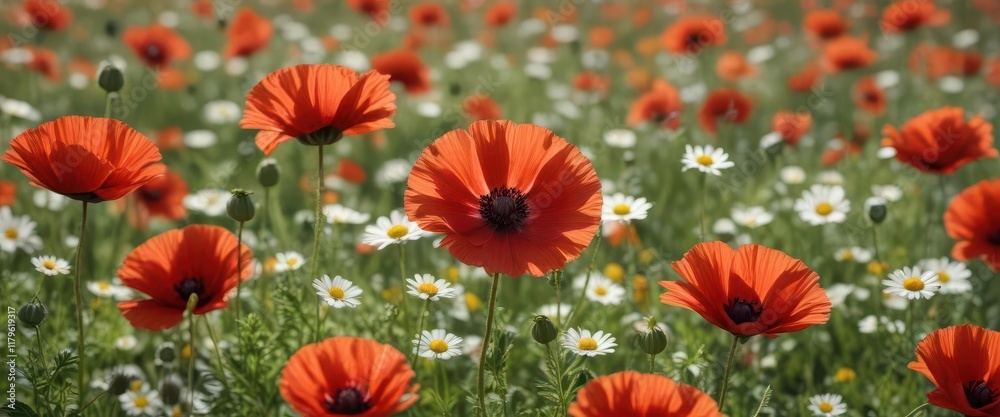 Fototapeta premium Delicate poppy and chamomile blossoms, vibrant colors, close-up view , field, chamomile