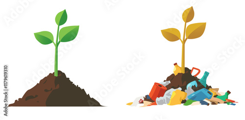 Comparison of plant growth in clean and polluted soil,  Perfect for ecological, sustainability, and environmental awareness themes