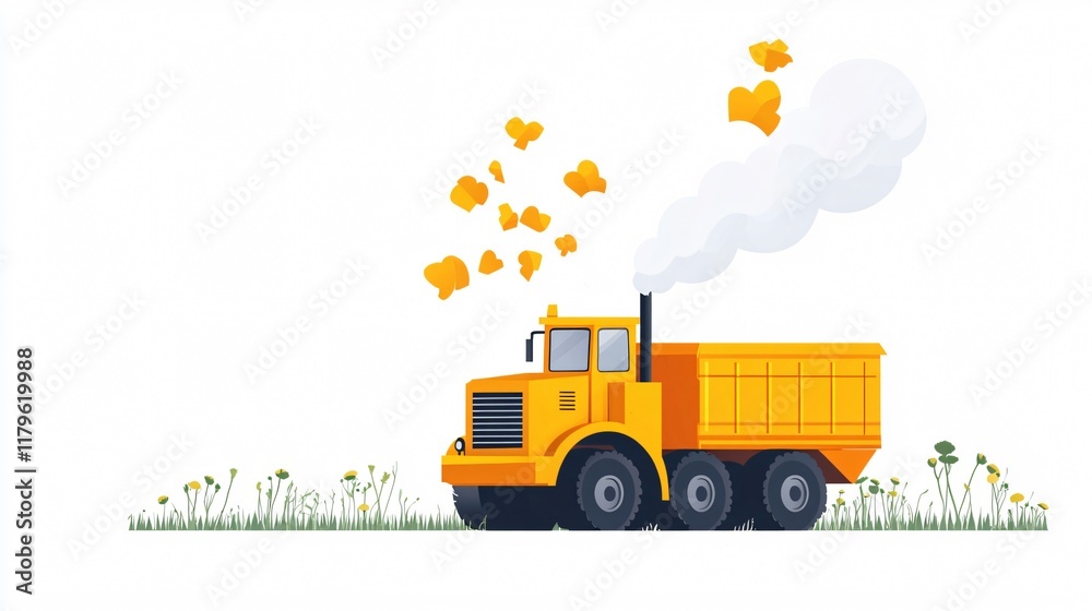 Naklejka premium Yellow Dump Truck in a Field: A Modern Industrial Illustration