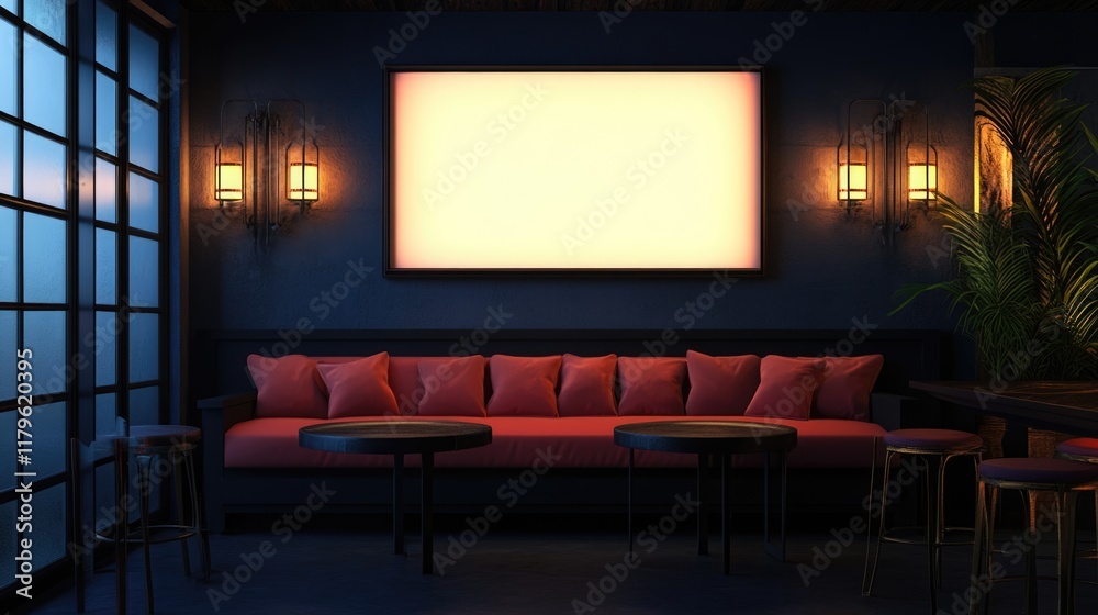 Fototapeta premium Elegant karaoke lounge setting with plush pink seating, ambient lighting, and a large empty screen for text, featuring deep blue walls and wooden accents.