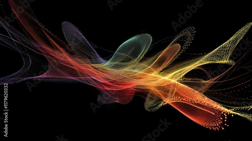 Abstract swirling colorful lines and dots on a black background. photo