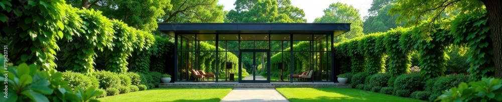 Elegant glass building surrounded by lush green ivy, architecture, glass building, green ivy Elegant glass building surrounded by lush green ivy, architecture, glass building, green ivy