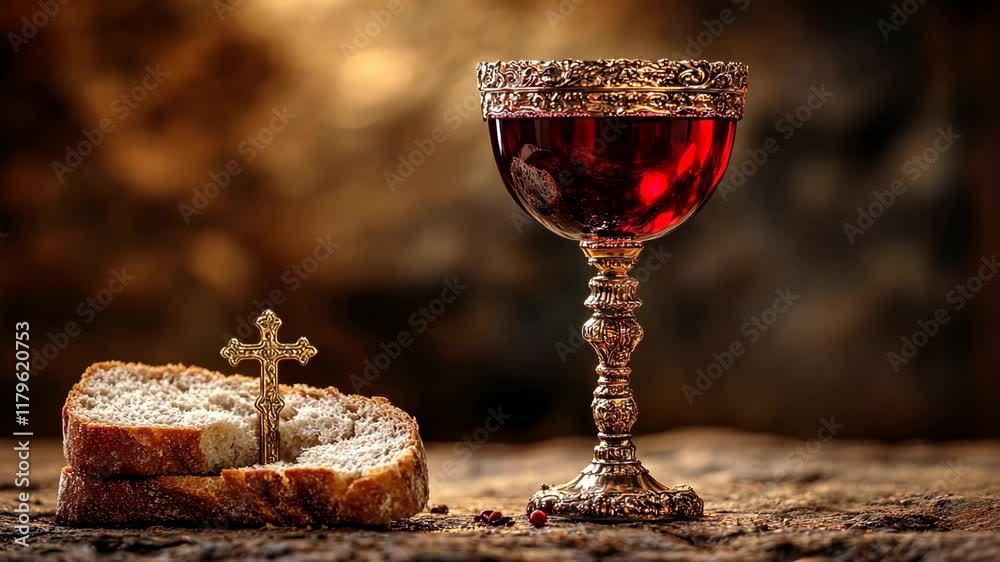 Red wine in ornate chalice beside bread with a cross on a rustic wooden table illuminated by warm light