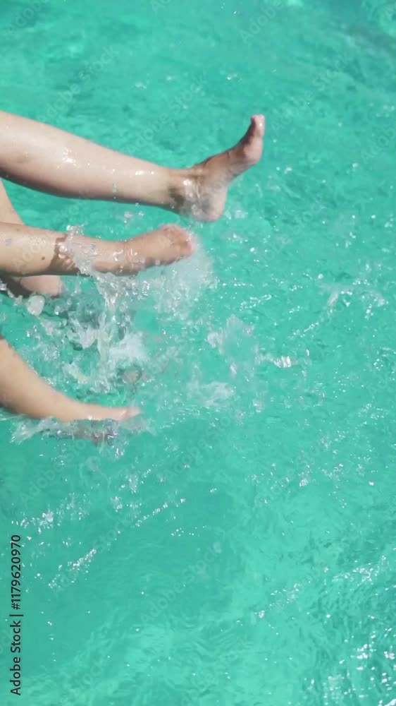 Vertical close-up of feet splashing in a blue pool, mother and child, slow motion Vertical close-up of feet splashing in a blue pool, mother and child, slow motion