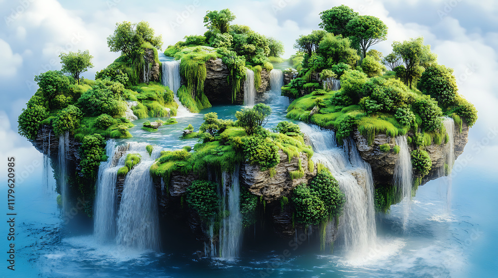 Naklejka premium A floating island with lush greenery and cascading waterfalls surrounded by clouds.