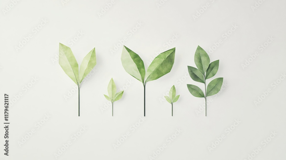 Fototapeta premium Green Leaves on White Background: A Minimalist Nature-Inspired Design