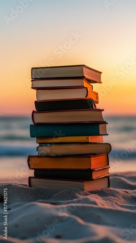 Happy book day greeting. A stack of books on the beach sand at sunset,