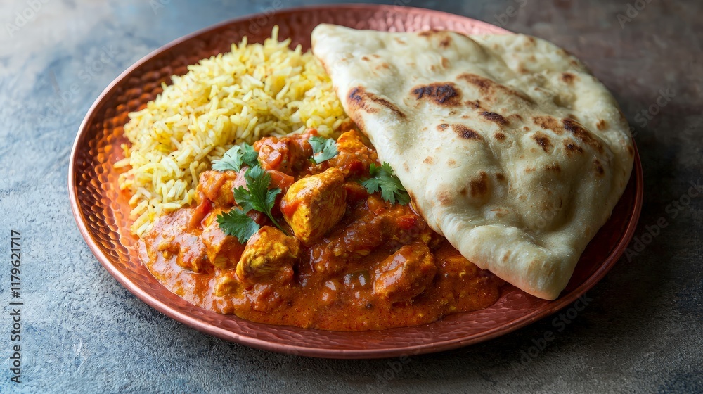 Chicken Tikka Masala with Rice and Naan. Delicious Indian Food. Restaurant Menu. Chicken Tikka Masala with Rice and Naan. Delicious Indian Food. Restaurant Menu.