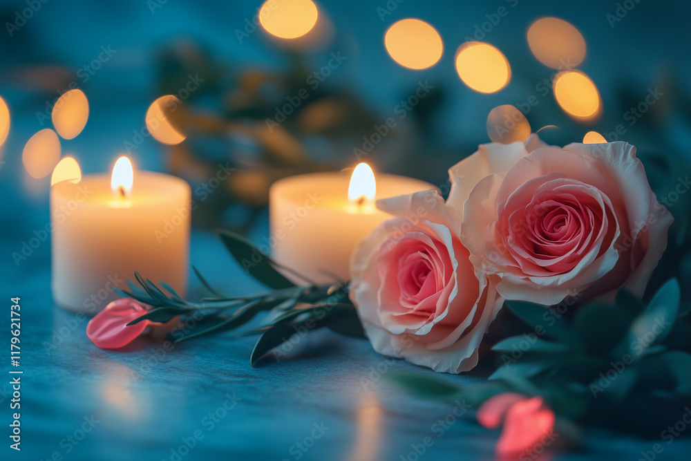 Fototapeta premium valentines day background with candles and fresh flowers 