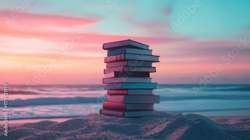 Happy book day greeting. A stack of books on the beach sand at sunset,