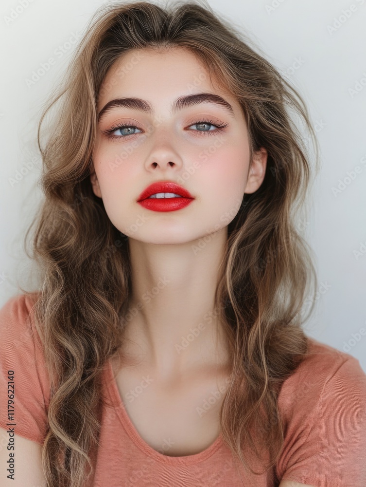 Portrait of a young woman with flowing wavy hair and striking red lips against a soft neutral background featuring ample copyspace for text Portrait of a young woman with flowing wavy hair and striking red lips against a soft neutral background featuring ample copyspace for text