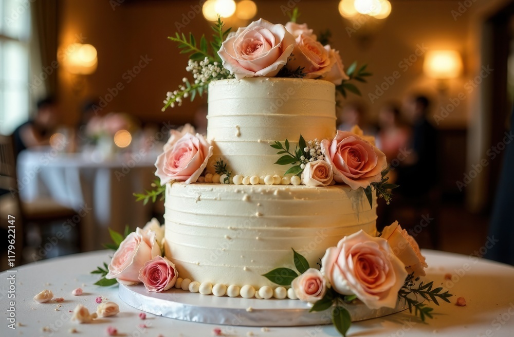 Fototapeta premium two tier wedding cake adorned with fresh flowers, elegantly displayed on a table, indoor setting with soft lighting, warm ambient light highlighting features