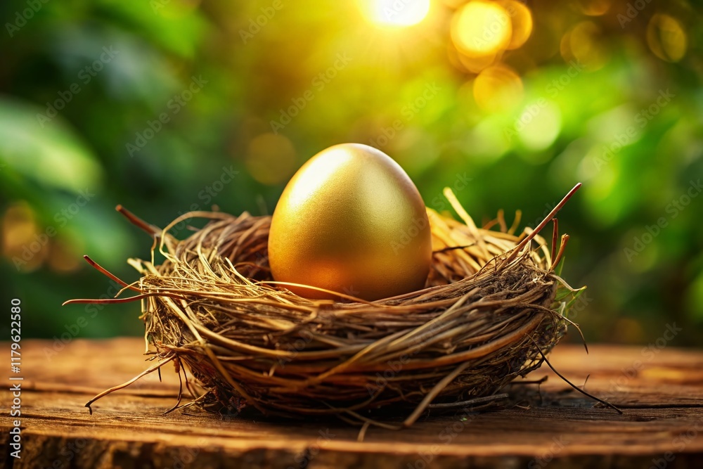 Golden Egg in Nest: Symbol of Wealth and Prosperity - Stock Photo Golden Egg in Nest: Symbol of Wealth and Prosperity - Stock Photo