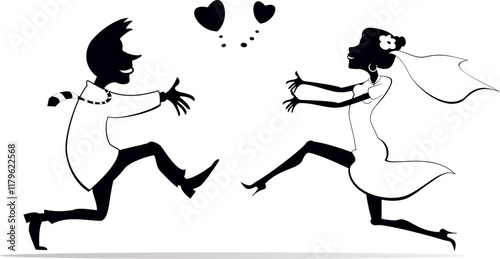 Cartoon married wedding couple. 
Heart symbols. Happy man and woman with open arms running to meet one another. Black and white illustration
