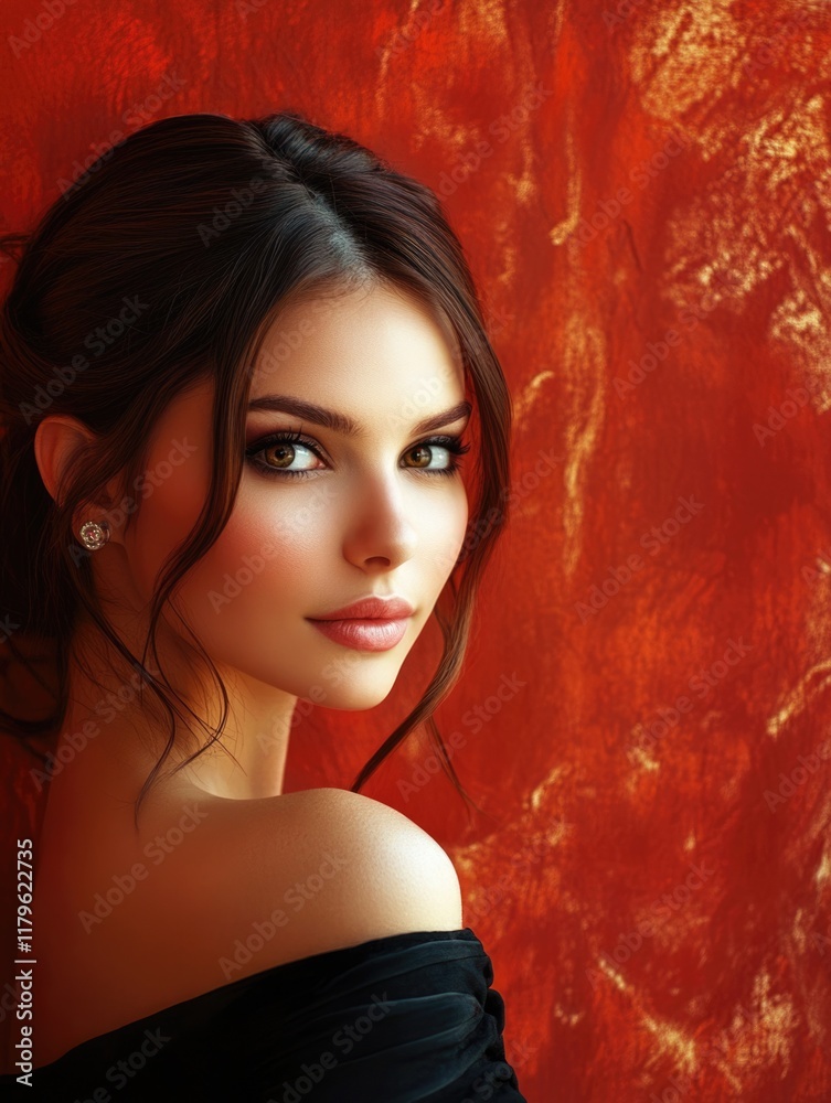 Elegant portrait of a beautiful woman with flowing dark hair against a vibrant red textured background featuring ample empty space for text. Elegant portrait of a beautiful woman with flowing dark hair against a vibrant red textured background featuring ample empty space for text.