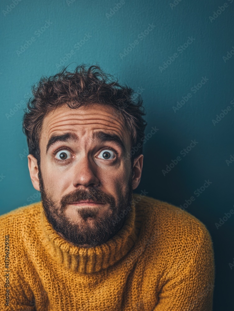 Emotional portrait of a man with surprised expression wearing a yellow sweater against a teal background with ample empty space for text. Emotional portrait of a man with surprised expression wearing a yellow sweater against a teal background with ample empty space for text.