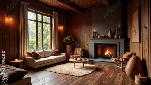 Cozy living space: Dark gray fireplace dominates the room, flanked by a sleek black screen and simple gray mantle, set against a plush white rug photo