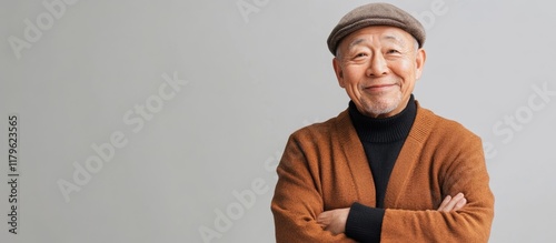 Cheerful senior Chinese man in a brown cardigan and gray cap smiling confidently against a soft gray background with ample copy space for text.